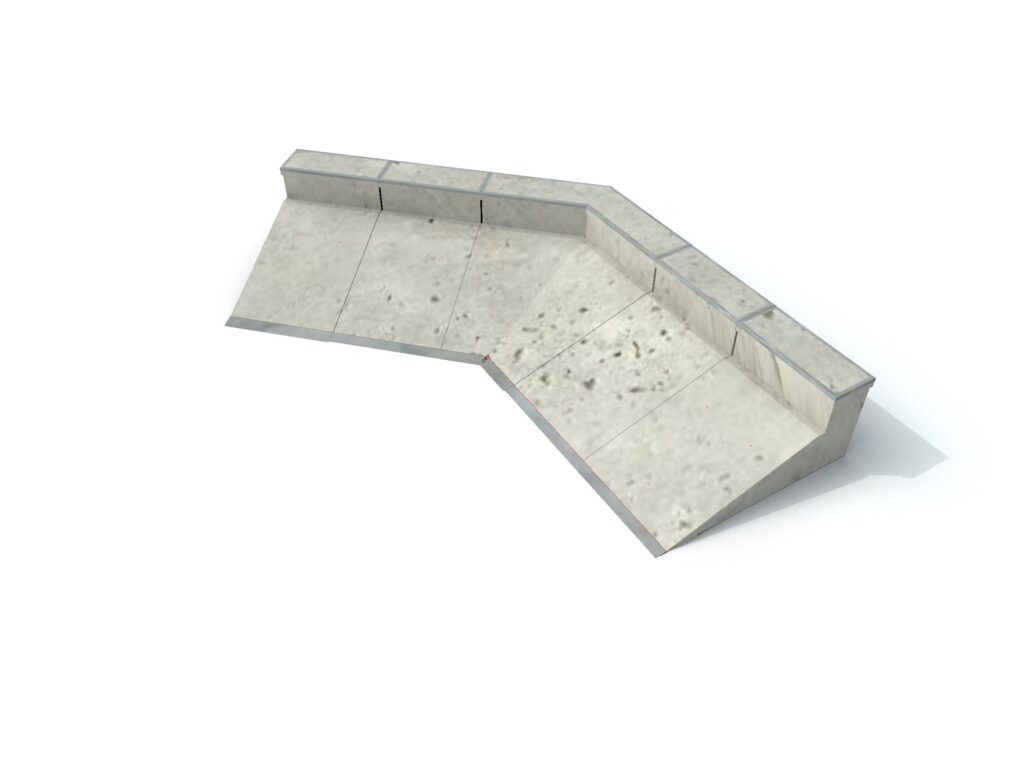 Street elementen, corner streetbank met curb, corner streetbank, hip streetbank met curb, skate elementen, skate toestellen, skate producten, skate, skatepark inrichting, skatepark