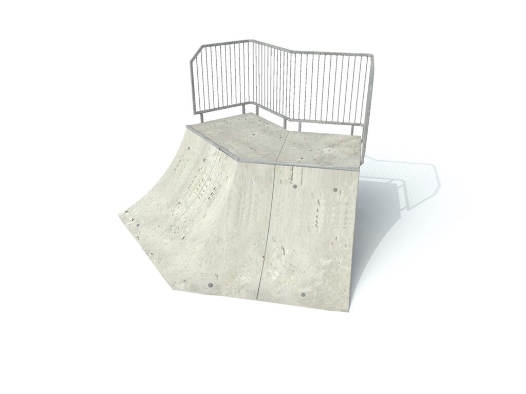 Quarterpipe, Quarterpipe Corner 45°, Quarterbank 45°, Quarter hip 45°, speedbank, skate elementen, skate toestellen, skate producten, skate, skatepark inrichting, skatepark