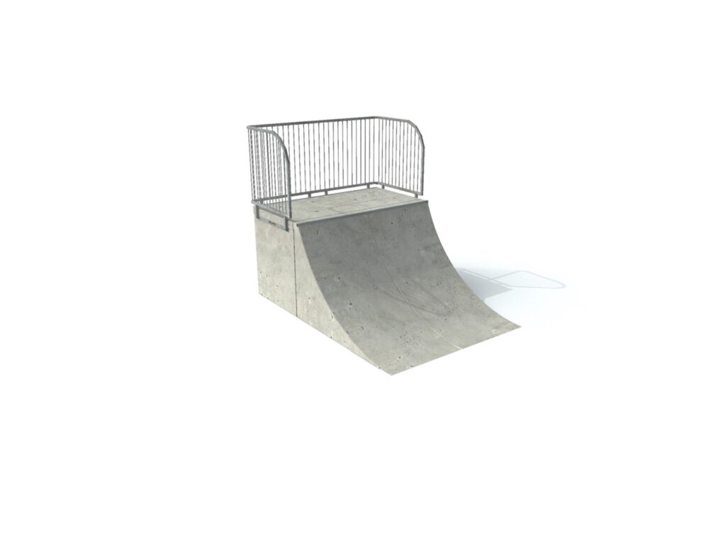 Quarterpipe, Quarterpipe met platform, speedbank, skate elementen, skate toestellen, skate producten, skate, skatepark inrichting, skatepark