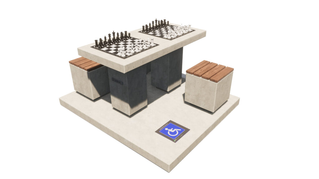 Dam schaak tafel, dam tafel, schaak tafel, game table, picknicktafel beton, rolstoel, rolstoelvriendelijk, rolstoeltoegankelijk