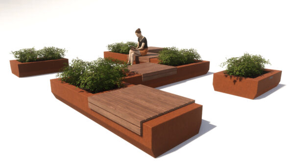 Corten, corten straatmeubilair, corten parkbanken, corten parkbank, corten bloembakken, corten bloembak, corten modulair straatmeubilair