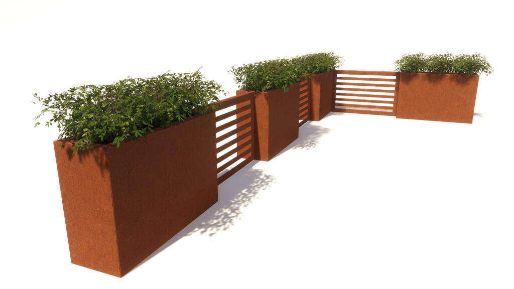 Corten, corten straatmeubilair, corten parkbanken, corten parkbank, corten bloembakken, corten bloembak, corten modulair straatmeubilair